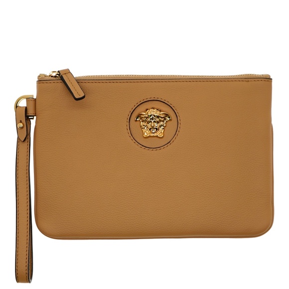 Versace La Medusa Wristlet Zip Pouch Caramel Leather New